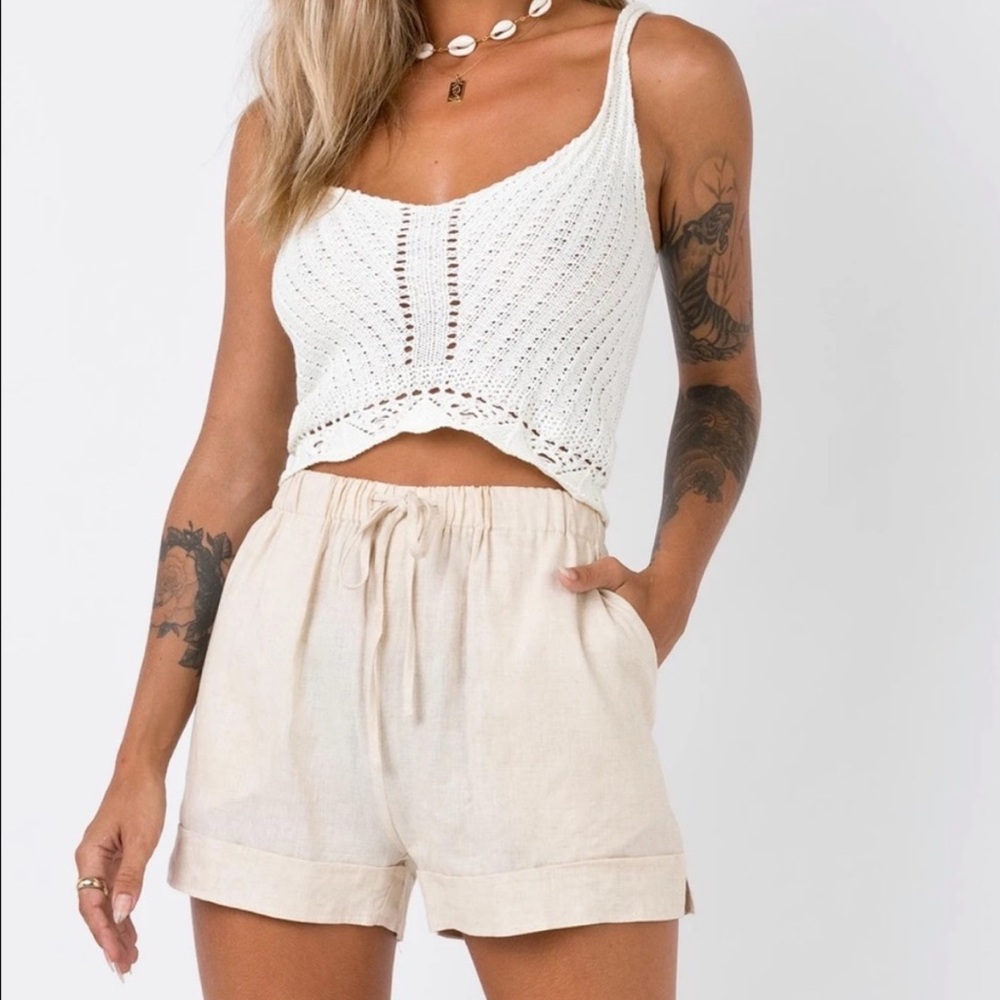 Princess Polly Serafina Beige Cream Ivory Linen Blend Drawstring Shorts Sz 2